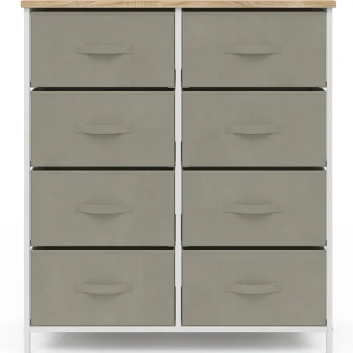 Commode 8 tiroirs en tissu gris clair et plateau effet bois