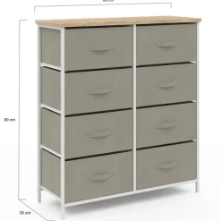 Commode 8 tiroirs en tissu gris clair et plateau effet bois