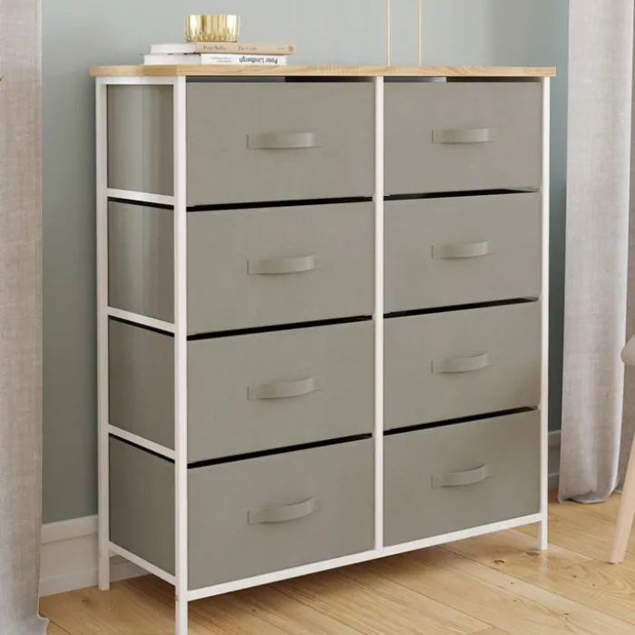 Commode 8 tiroirs en tissu gris clair et plateau effet bois