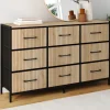 Commode 9 tiroirs en tissu 115 CM effet lattes, design industriel