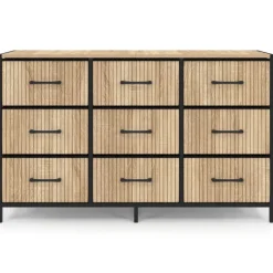 Commode 9 tiroirs en tissu 115 CM effet lattes, design industriel