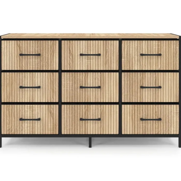 Commode 9 tiroirs en tissu 115 CM effet lattes, design industriel
