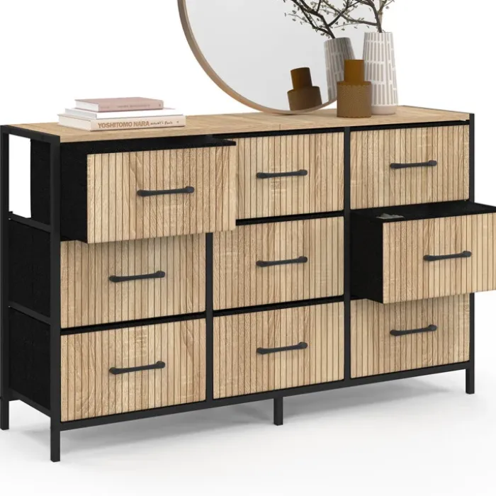 Commode 9 tiroirs en tissu 115 CM effet lattes, design industriel
