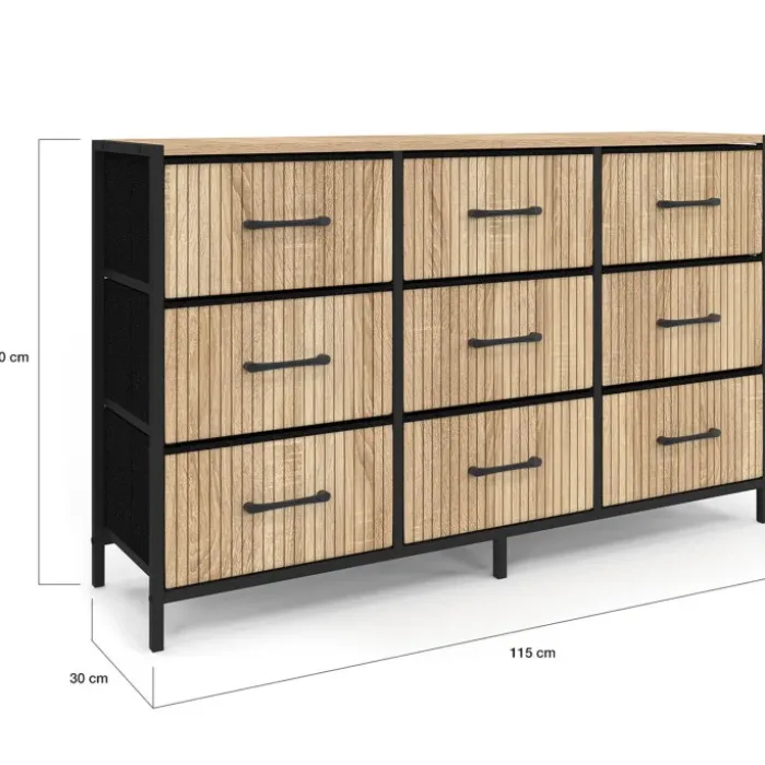 Commode 9 tiroirs en tissu 115 CM effet lattes, design industriel