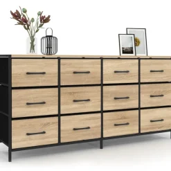 Commode 12 tiroirs en tissu de 140 cm design industriel bois et noir