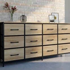 Commode 12 tiroirs en tissu de 140 cm design industriel bois et noir