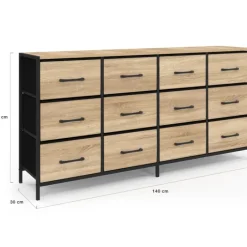 Commode 12 tiroirs en tissu de 140 cm design industriel bois et noir