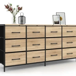 Commode 12 tiroirs en tissu de 140 cm design industriel bois et noir