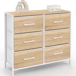 Commode 6 tiroirs en tissu 80 cm meuble de rangement design industriel bois et blanc