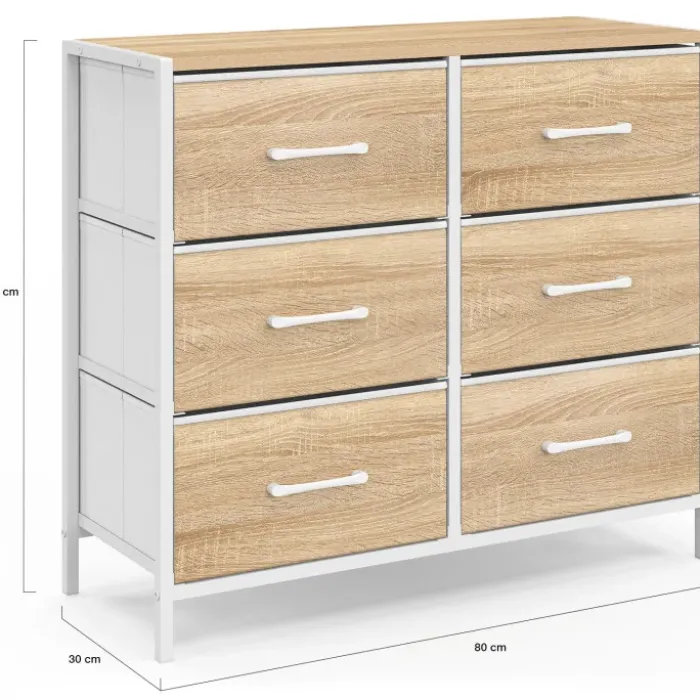 Commode 6 tiroirs en tissu 80 cm meuble de rangement design industriel bois et blanc