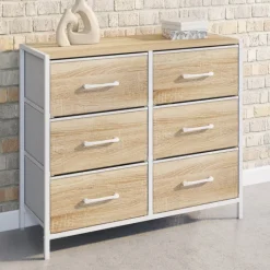 Commode 6 tiroirs en tissu 80 cm meuble de rangement design industriel bois et blanc