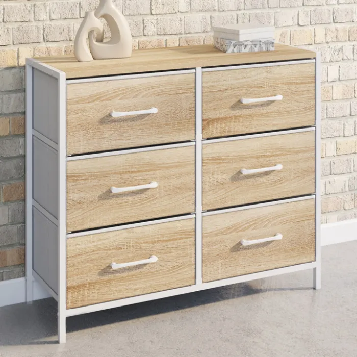 Commode 6 tiroirs en tissu 80 cm meuble de rangement design industriel bois et blanc