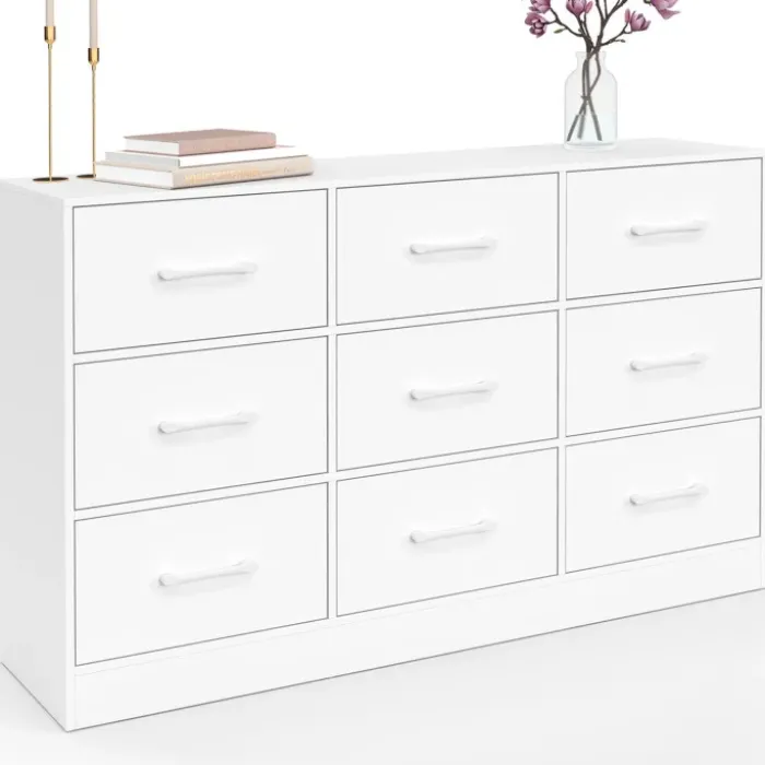 Commode 9 tiroirs en tissu 113 cm meuble de rangement bois blanc