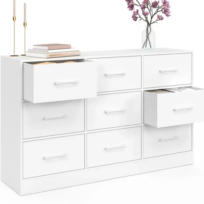 Commode 9 tiroirs en tissu 113 cm meuble de rangement bois blanc