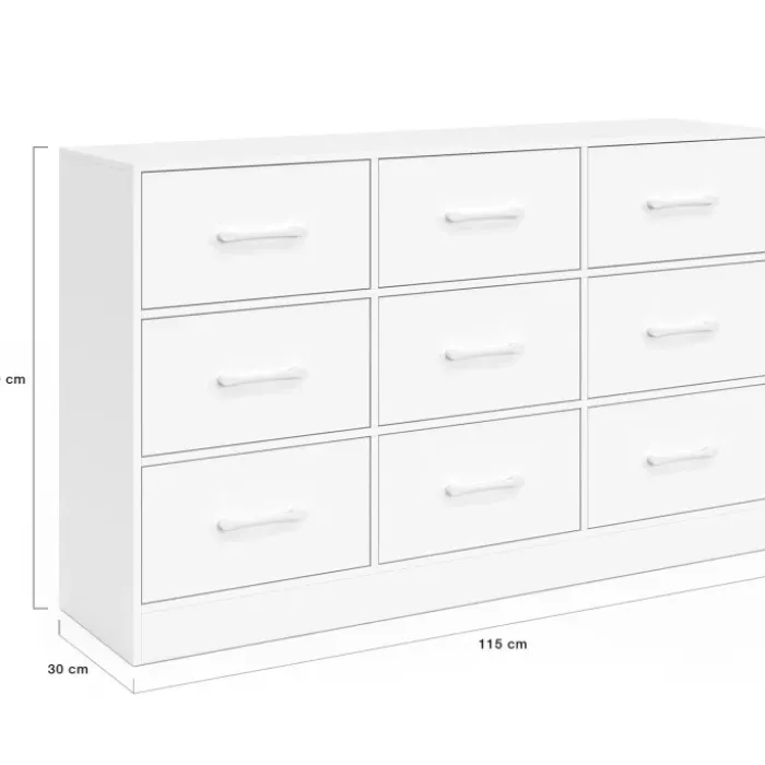 Commode 9 tiroirs en tissu 113 cm meuble de rangement bois blanc