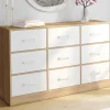 Commode 9 tiroirs en tissu 113 cm meuble de rangement bois façon hêtre et blanc