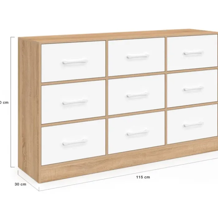 Commode 9 tiroirs en tissu 113 cm meuble de rangement bois façon hêtre et blanc