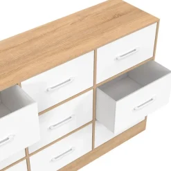 Commode 9 tiroirs en tissu 113 cm meuble de rangement bois façon hêtre et blanc