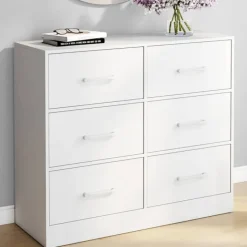 Commode 6 tiroirs en tissu 80 cm meuble de rangement bois blanc