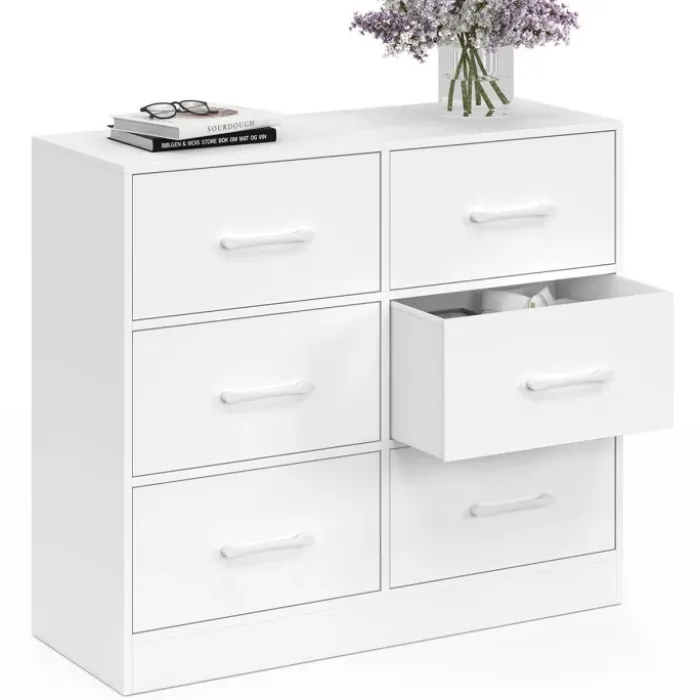 Commode 6 tiroirs en tissu 80 cm meuble de rangement bois blanc