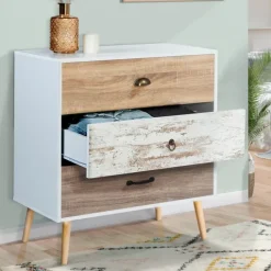 Commode blanche 3 tiroirs effet bois vieilli