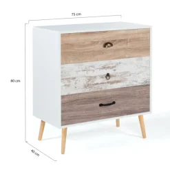 Commode blanche 3 tiroirs effet bois vieilli