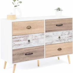 Commode blanche 6 tiroirs effet bois vieilli