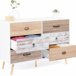 Commode blanche 6 tiroirs effet bois vieilli