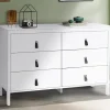 Commode blanche 6 tiroirs avec poignées effet cuir noir