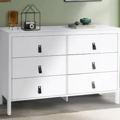 Commode blanche 6 tiroirs avec poignées effet cuir noir