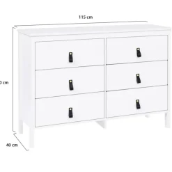 Commode blanche 6 tiroirs avec poignées effet cuir noir