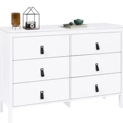 Commode blanche 6 tiroirs avec poignées effet cuir noir