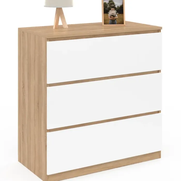 Commode bois façon hêtre et blanc 3 tiroirs 78 cm