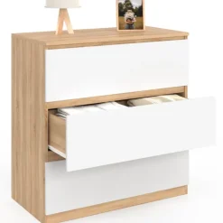 Commode bois façon hêtre et blanc 3 tiroirs 78 cm