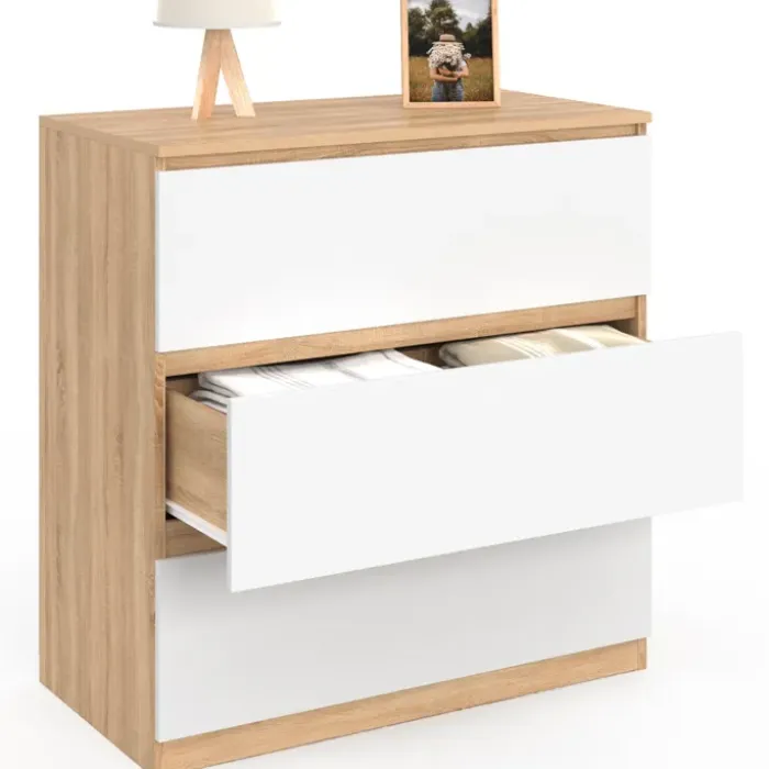 Commode bois façon hêtre et blanc 3 tiroirs 78 cm