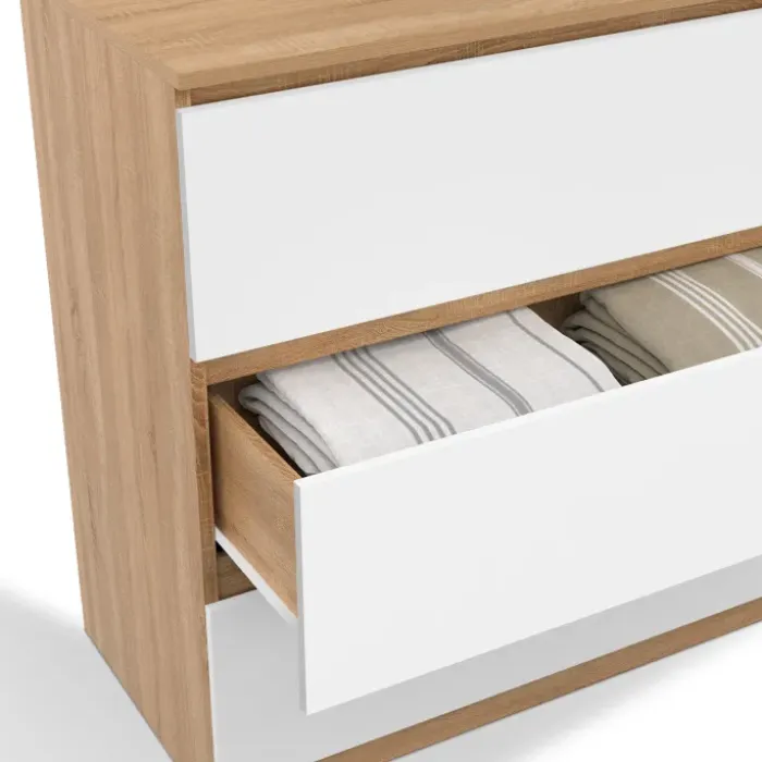 Commode bois façon hêtre et blanc 3 tiroirs 78 cm