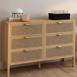Commode cannage coloris bois avec 6 tiroirs