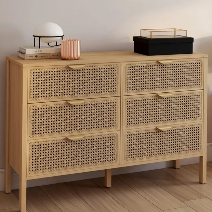 Commode cannage coloris bois avec 6 tiroirs