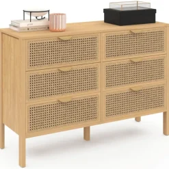 Commode cannage coloris bois avec 6 tiroirs