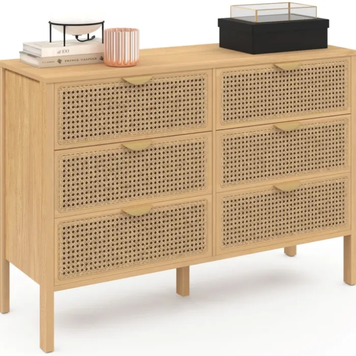 Commode cannage coloris bois avec 6 tiroirs