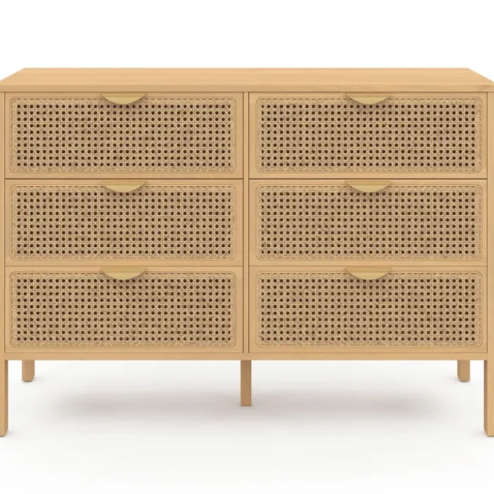Commode cannage coloris bois avec 6 tiroirs