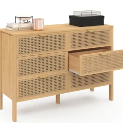 Commode cannage coloris bois avec 6 tiroirs
