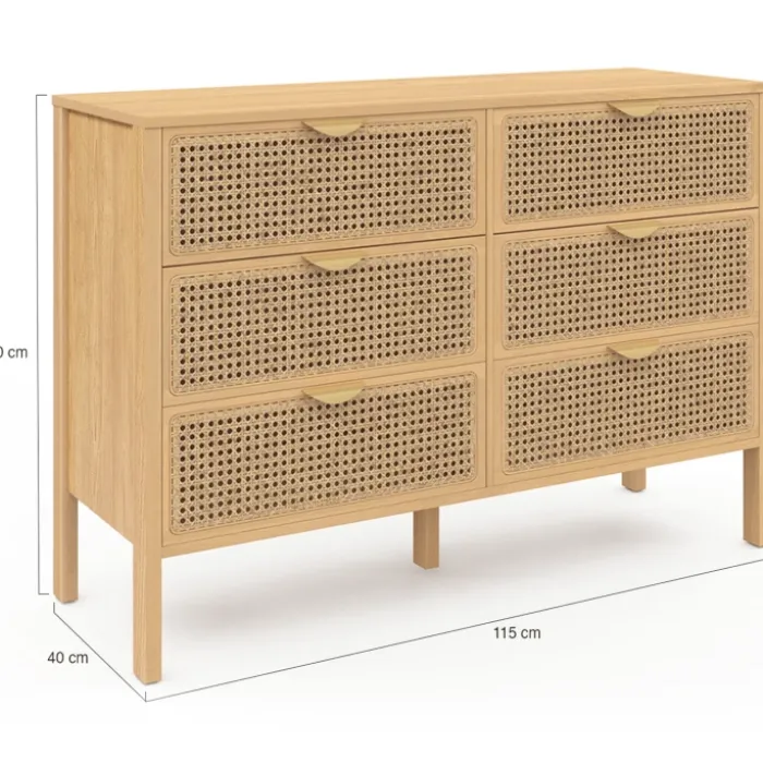 Commode cannage coloris bois avec 6 tiroirs