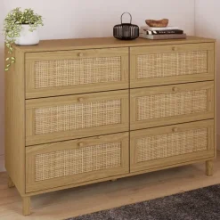 Commode cannage effet naturel avec 6 tiroirs
