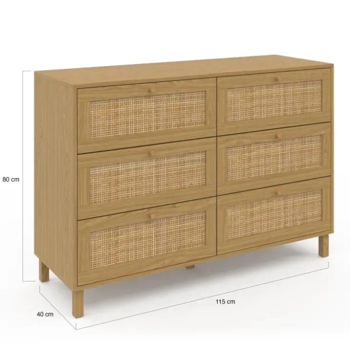 Commode cannage effet naturel avec 6 tiroirs