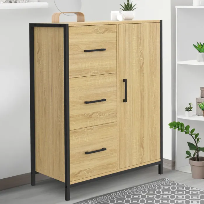 Commode de rangement salle de bain design industriel 3 tiroirs 1 placard