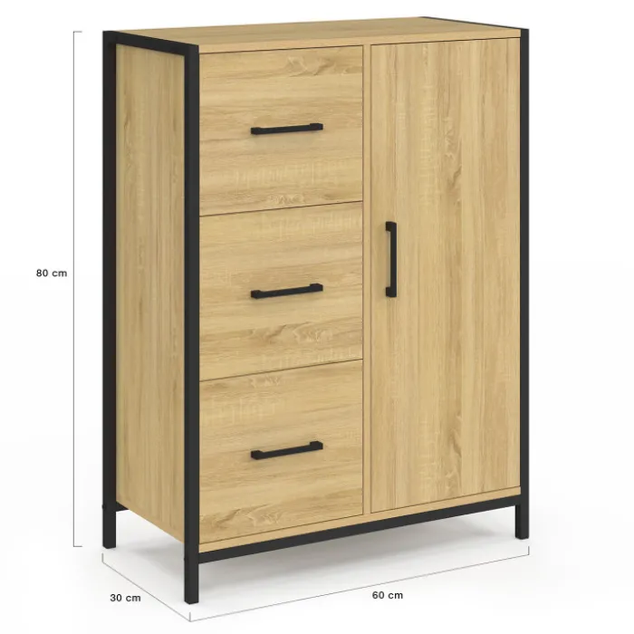 Commode de rangement salle de bain design industriel 3 tiroirs 1 placard