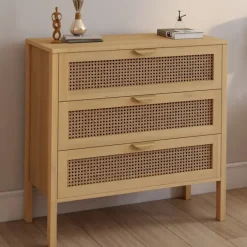 Commode en bois 3 tiroirs cannage 80 cm