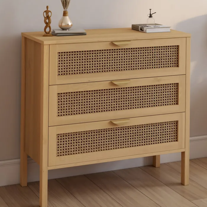 Commode en bois 3 tiroirs cannage 80 cm