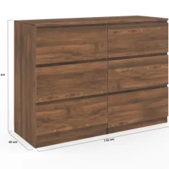 Commode en bois effet noyer avec 6 tiroirs 110 cm